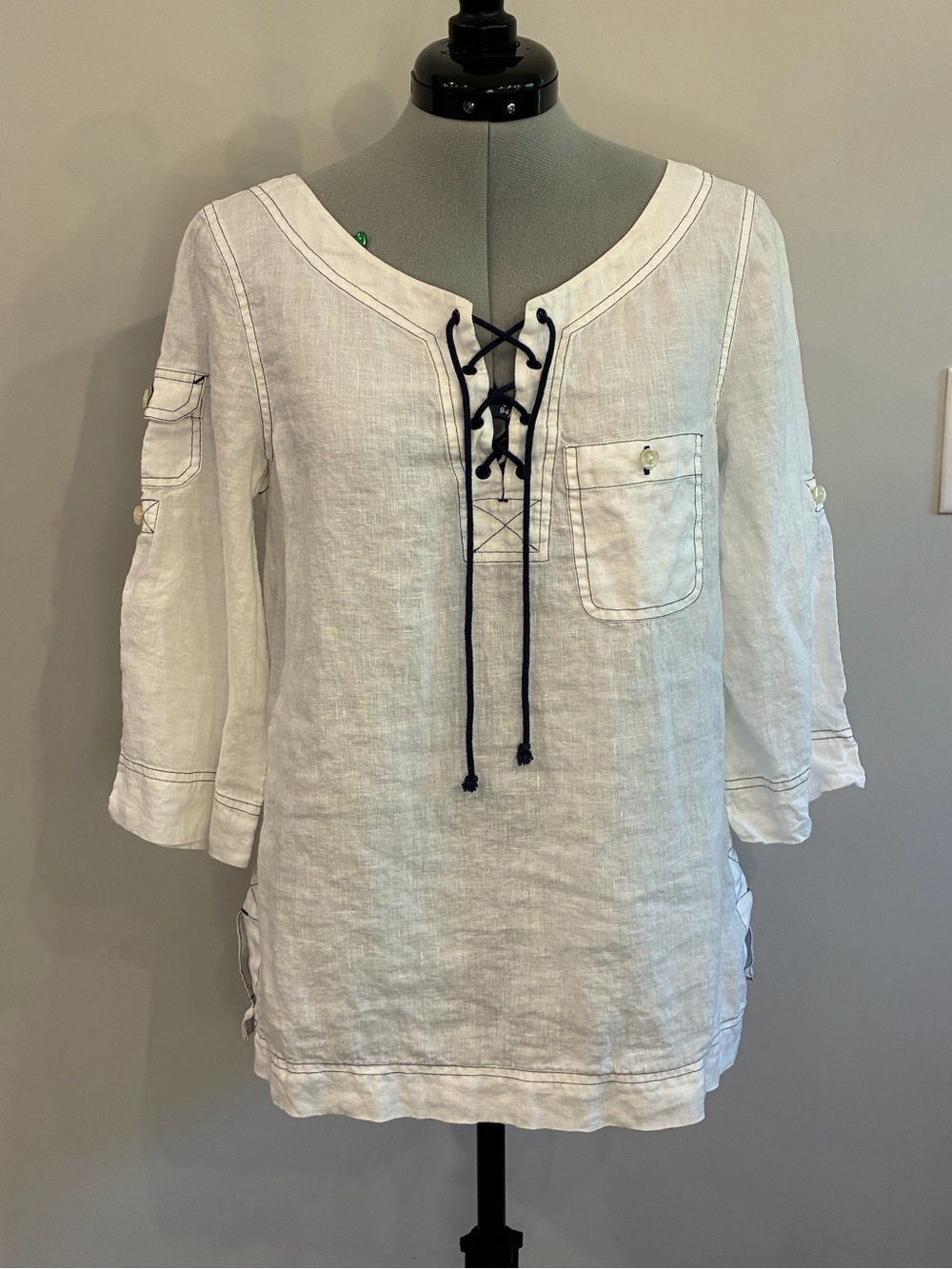 Ralph Lauren White Linen Lace-Up Tunic with Navy Trim